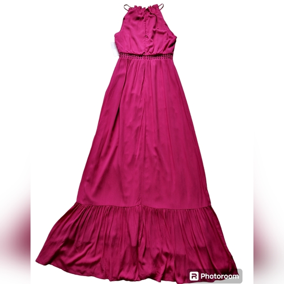 New JustFab Hot Pink Crochet Trim High Halter Sleeveless Maxi Dress - Picture 9 of 15
